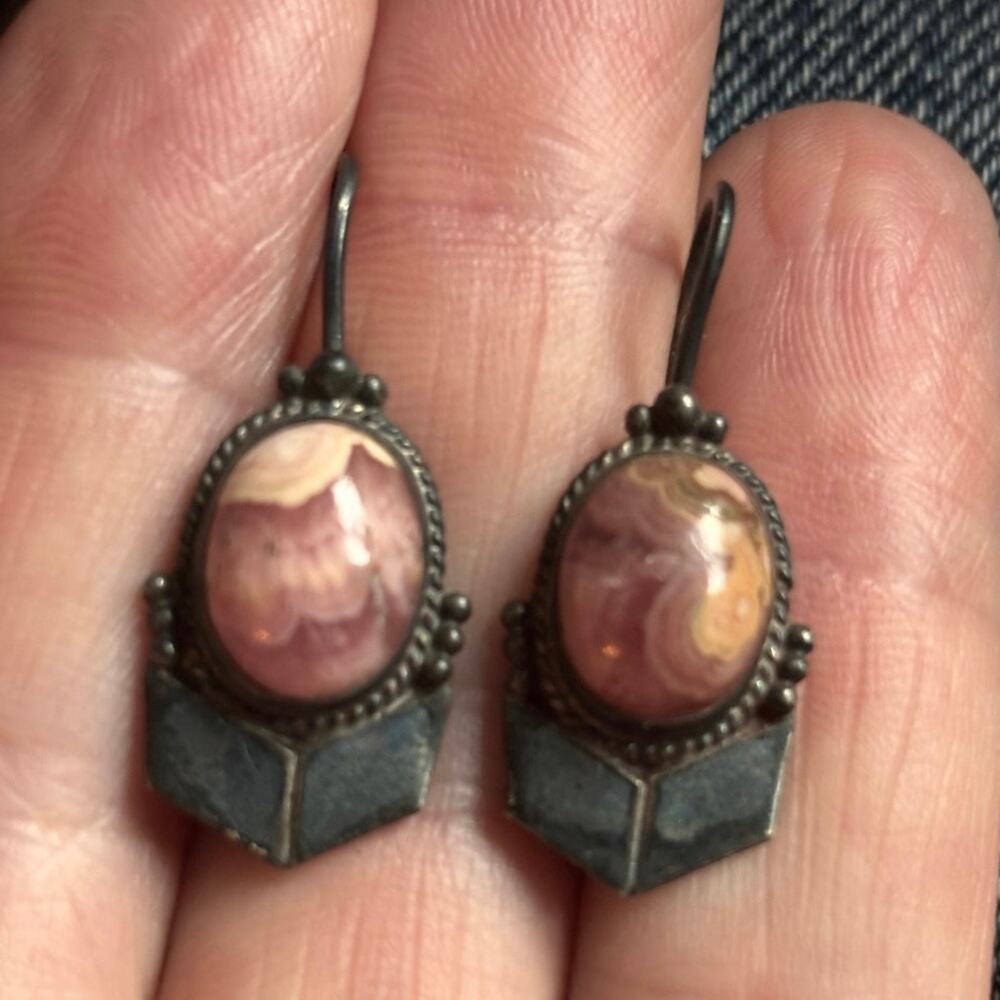 Pink banded rhodochrosite earrings oxidized silver w/ art deco BoHo SW artisan